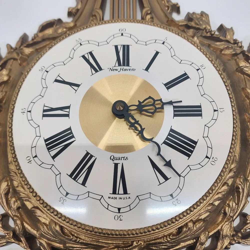 Vintage New Haven Burwood Gold Lyre Wall Clock Quartz USA Hollywood Regency